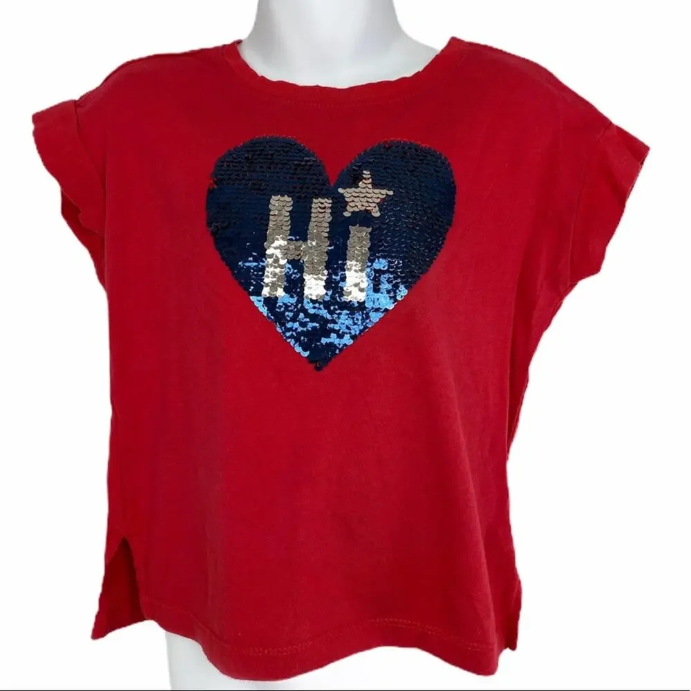 GAP Flip Sequin Heart T-Shirt Red & Blue Size XS